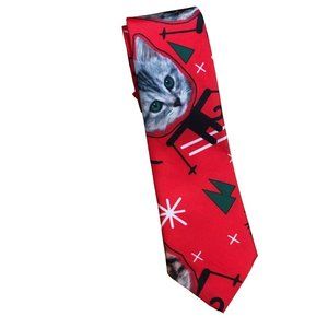 Holiday Time Festive Red Snowflakes Cats On Skis Mens Tie